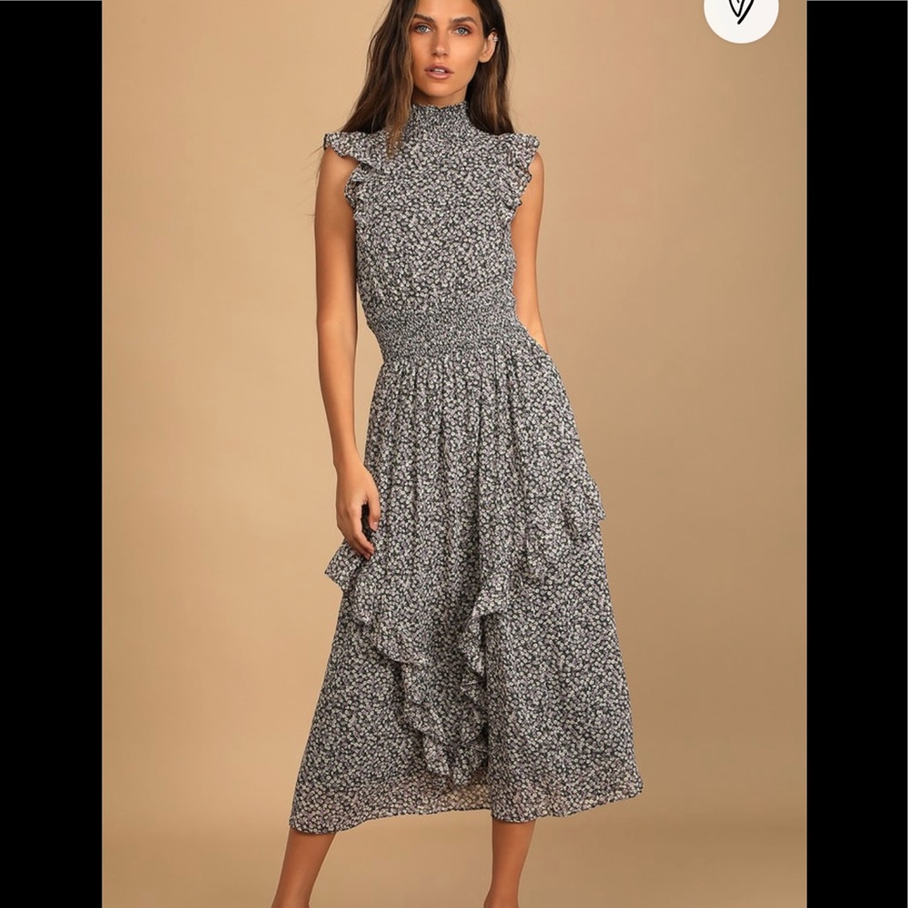 Evalina Black and Purple Floral Print Mock Neck Midi Dress